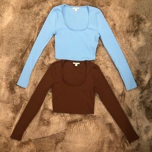 Bar III Brown & Light Blue Long Sleeve Ribbed Bodycon Crop Tops Set NWOT